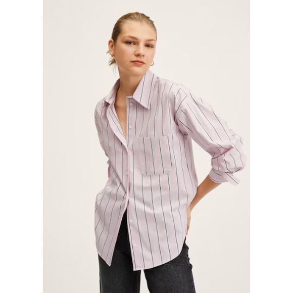 MANGO MNG Pink Gray Button Down Long Sleeve Shirt Stretch Size 10 Collar Pocket - Picture 1 of 9